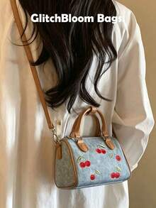 Vintage Denim Mini Boston Bag - Cherry Embroidered Handbag With Tassel Details (No Charm Included) - Blue - View 2
