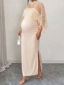 2pcs Maternity Dress Set, Champagne Lace Shawl Fitted Bodycon Midi Dress, Slimming Elegant Elegant Pregnancy Party Date Fitted Long Dress Summer - Apricot - View 4