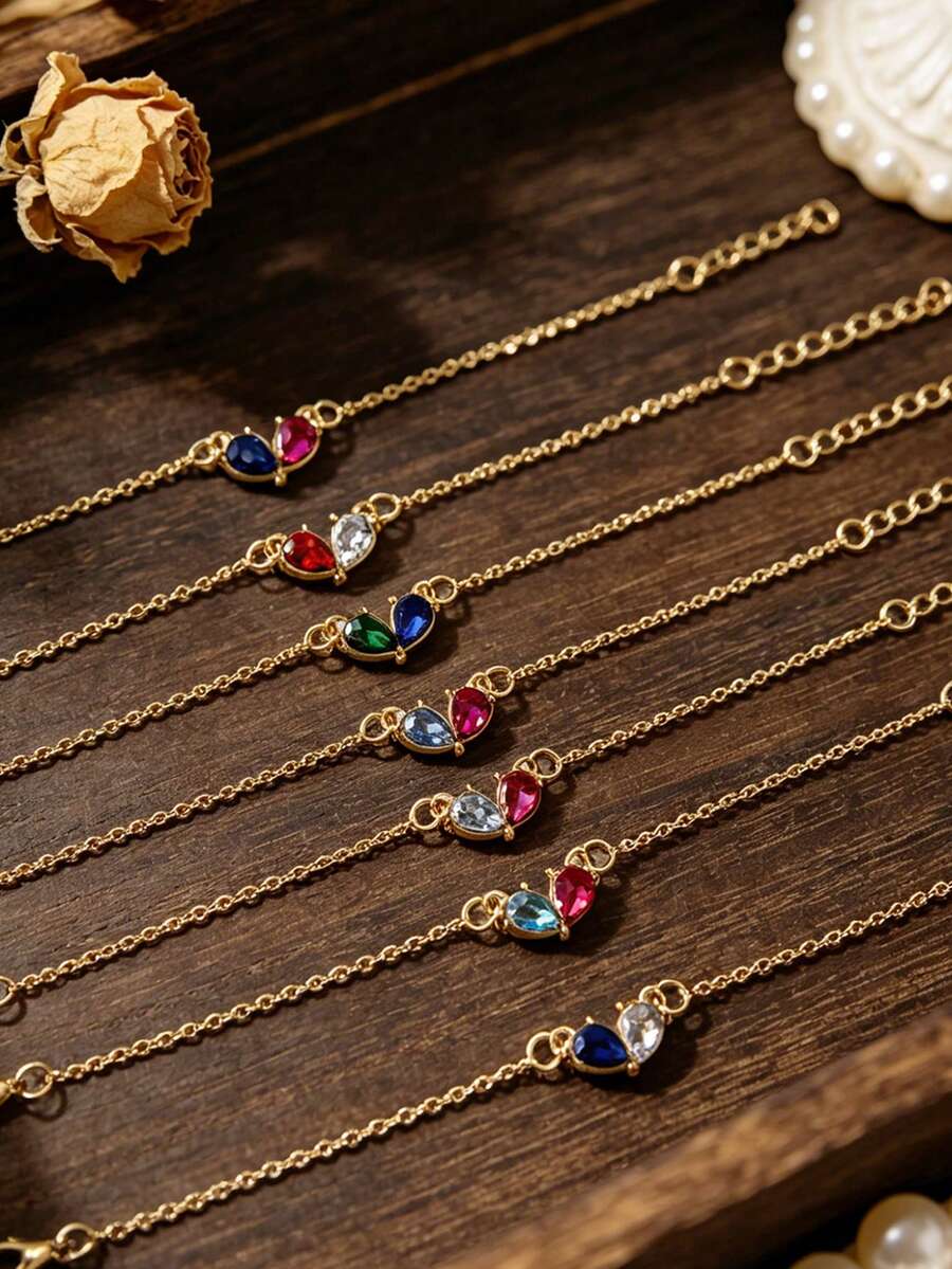 Vintage Palace Style Colorful Gemstone Teardrop Bracelet, Luxury Contrast Color Artificial Diamond French Elegant Thin Chain Bracelet, Women's Fashion Bracelet - Gold - View 1