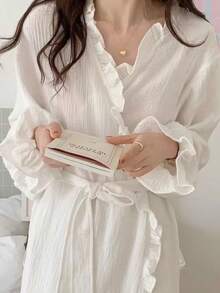 1pc Women's Bathrobe Yukata Morning Robe, European And American Minimalist Long Sleeve Sleepwear, Spring/Autumn New Sweet Cute Bathrobe, All-Over Black And White Long Sleeve Thin Solid Color Pajamas Homewear, Maillard Style - White - View 2