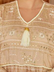 Heavy Gold Embroidery Arabic Women's Summer Apricot Elegant Dress, JALABIA 9/10 Flare Sleeve Fashion Luxury Creative, Summer Casual Travel Outfit - Apricot - View 7