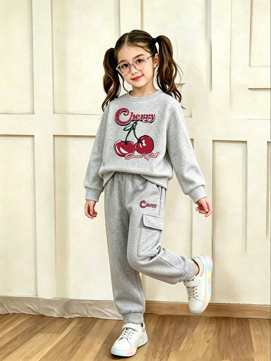 青少年女孩樱桃图案印花圆领运动衫和运动裤套装 - 灰色 - 查看 1