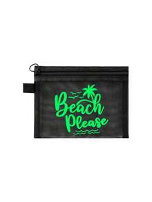印有彩色「Beach_please」文字、椰子樹與海鷗圖案的沙灘網袋，沙灘主題 - 便攜式化妝包，大容量透明化妝包，可收納口紅與氣墊粉撲，海岸風格。輕巧易攜，耐用，夏威夷風格網狀化妝包，適合沙灘度假、夏季旅行、游泳、購物、健身、母親節、情人節、教師節、畢業季、開學季、齋月、女性旅行、短途旅行 - 彩色 - 查看 15