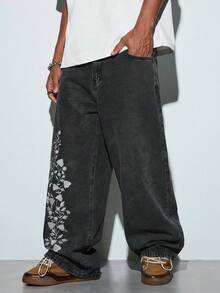 Modcrash 1 pièce Jeans ample à jambe large de style mode de rue pour hommes, brodé. Ample et confortable, polyvalent pour toutes les saisons (sans ceinture ni accessoires) - Gris - Voir 1