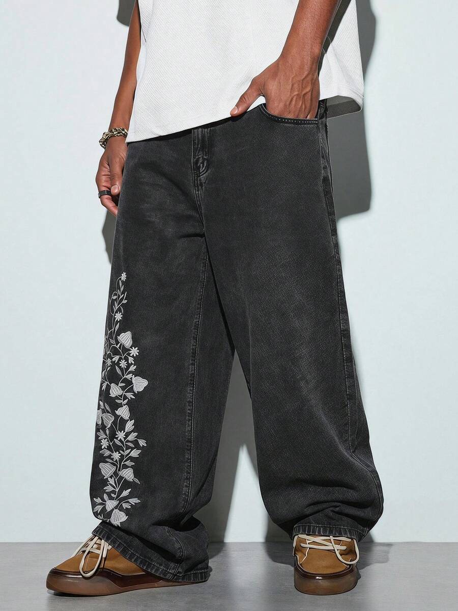 Modcrash 1 pièce Jeans ample à jambe large de style mode de rue pour hommes, brodé. Ample et confortable, polyvalent pour toutes les saisons (sans ceinture ni accessoires) - Gris - Voir 1