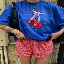 Heartfelt Daily Casual Graphic T-Shirt 100% Cotton Oversized Soft Breathable Casual Crewneck Short Sleeve Top Cute Aesthetic Vintage Red Cherry Print For Casual Wearers Fashion Lovers Daily Outfit Enthusiasts Gift Givers - 藍色 - 查看 18