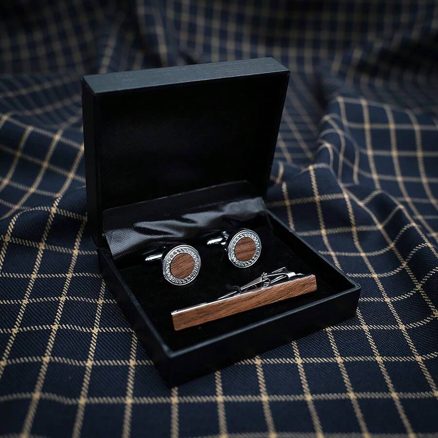 Men's Vintage Wooden Cufflinks And Tie Clip Set – Formal Accessories For Banquets And Weddings – Perfect For Holiday Gifts - 1 - View 1
