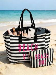 Vintage Hawaiian Tropical Print Striped Beach Tote Bag Set, Large Capacity Summer Vacation Tote Bag With Matching Small Pouch, Suitable For Tropical Cruise Theme Shoulder Bag, Ideal For Beach Travel, Shopping, Cruise Holidays, Beach Days, Teacher's Day Gift, Back To School Season, Independence Day As Beach Bag, Shopping Bag And Travel Companion, Women's Best Travel Partner - Multicolor - View 14