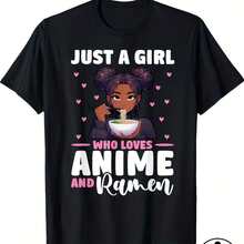 Camiseta Gráfica "Solo Una Chica Que Ama El Anime y El Ramen" - Camiseta para Amantes del Anime y El Ramen con Chica Comiendo Fideos, Ligera de 180 g/m², Cuello Redondo, para Mujeres, Hombre - Negro - Ver 2