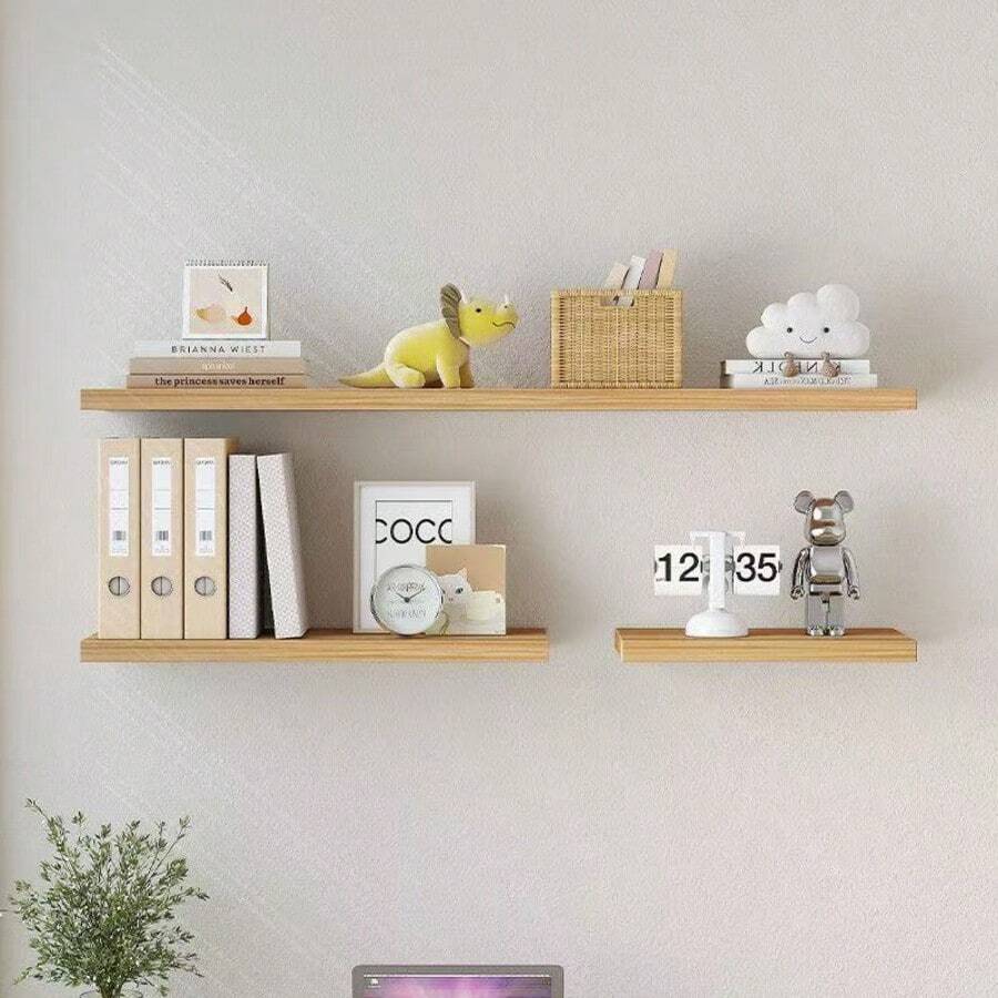 1pc Thickened Wall-Mounted Shelf, Large Walnut Color Wall-Mounted Shelf With Heavy-Duty Bracket, Suitable For Bedroom, Living Room, Kitchen, Office And Other Places, Providing Hanging Storage And Display Space. - Light Walnut - View 1