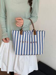 New Large Capacity Letter Decor Stripes Handbag, Multifunctional Commuter Tote Bag With Dual Handles For Women, Suitable For Commute,Beach Vacation - Blue - View 8