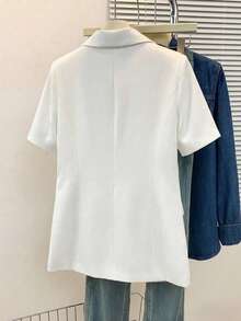 Blazer à manches courtes unicolore pour femmes, veste à col avec boutons et poches, style business décontracté pour le bureau, les trajets, la maison, le quotidien, printemps, été, automne - chemise blanche à manches courtes - Voir 5