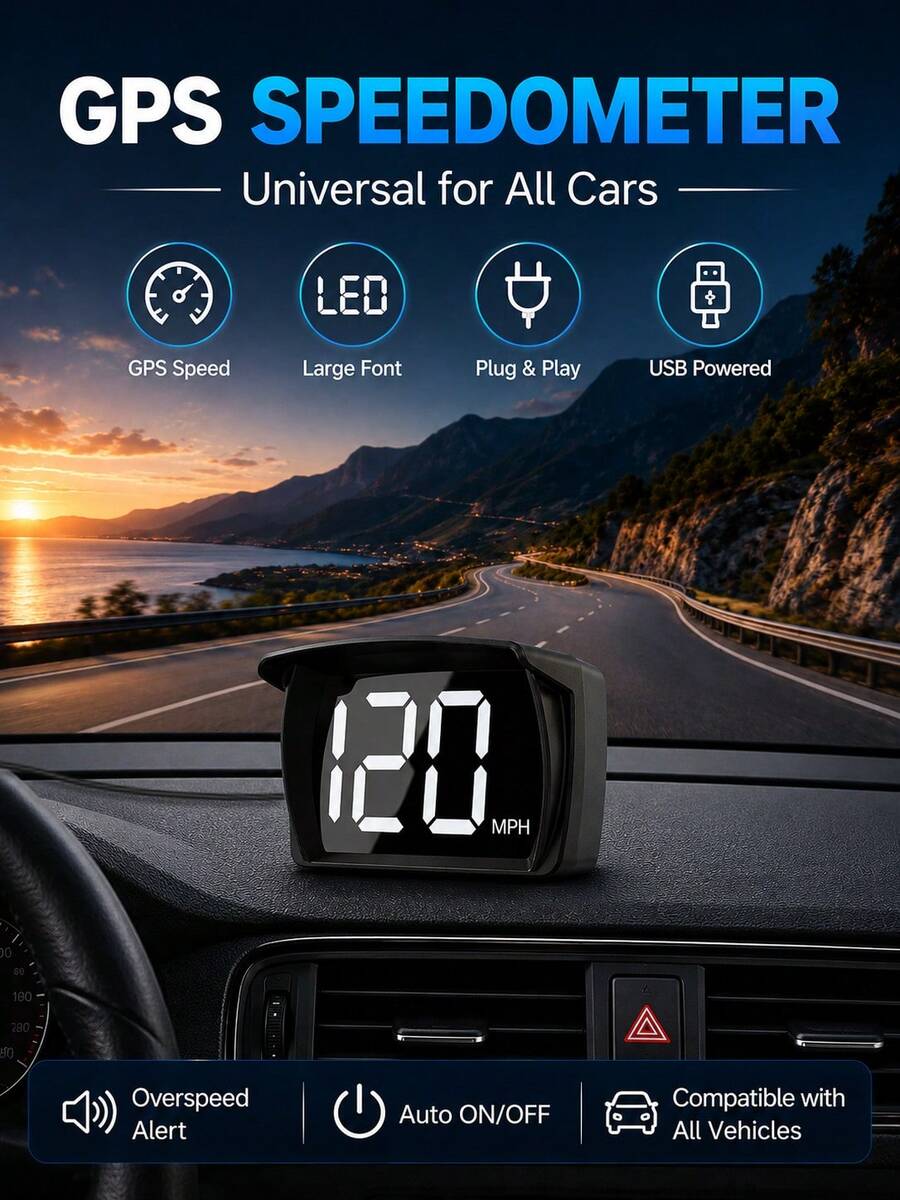GPS HUD Digital Speedometer Display For Car Truck SUV, Real-Time KM/H MPH Speed Meter With Bright LED Screen, USB Plug & Play Head Up Display Monitor, Compact Driving Accessories Gift For Men Women, Summer Essential