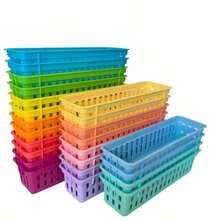 1/6Pcs 25.5*7.5*6cm Morandi Solid Color Plastic Storage Basket, Open Rectangular Desktop Stationery Pen Holder Organizer, Durable Tidy Caddy For Homeschool, Classroom & Office, Great Back To School Gift For Teachers And Students. School Supplies - Multicolor - View 6