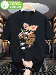 Cartoon Pattern Short Sleeve Shirt T Shirt,Fun Patterned Clothing,Breathable And Lightweight,Casual Style,2026New T Shirt,Breathable Stretch Fabric,Suitable For Summer Wear,Machine Washable,Suitable For Outdoor And Home Wear,T Shirt,Cartoon Print,Comfortable Fabric. - Black - View 1