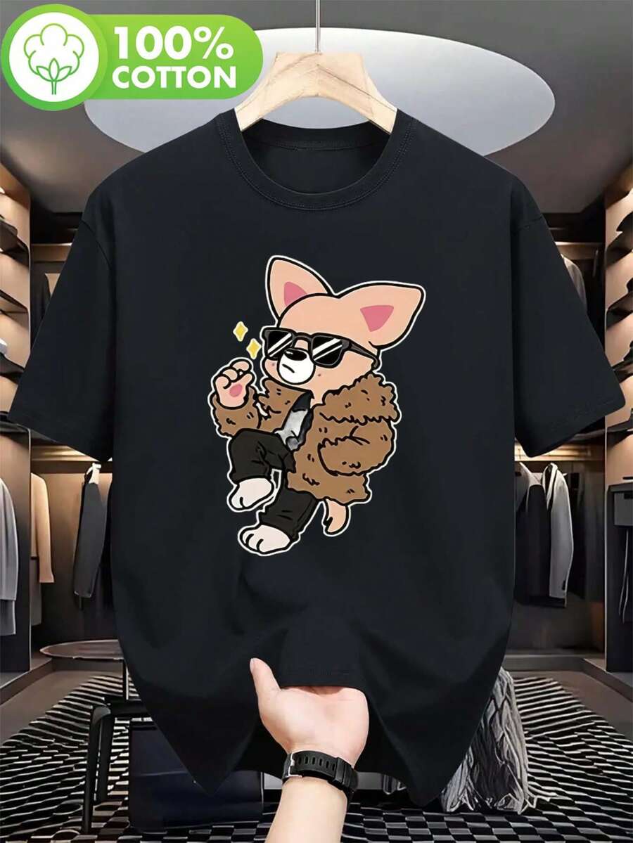 Cartoon Pattern Short Sleeve Shirt T Shirt,Fun Patterned Clothing,Breathable And Lightweight,Casual Style,2026New T Shirt,Breathable Stretch Fabric,Suitable For Summer Wear,Machine Washable,Suitable For Outdoor And Home Wear,T Shirt,Cartoon Print,Comfortable Fabric. - Black - View 1
