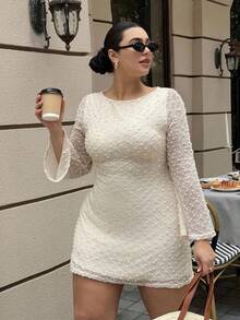 Dripcurv Vestido de mujer talla grande con cuello redondo, parches de encaje, moda diaria, salida, mangas acampanadas - Blanco - Ver 4