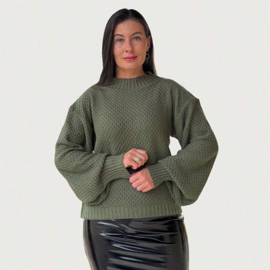 Blusa Trico Inverno Croche Suerte Blogueira - Verde Militar - Visão 1