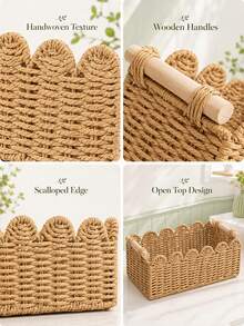 Sleek Woven Storage Basket With Scalloped Edges Heavy-Duty Toilet Paper Holder For Renters Elegant Towel Holder Ideal For Living Room Coffee Table To Hold Apples Neckalce Holder Decorative Desktop Box Bathroom Storage Home Organize Items - C-Wood Color - View 9