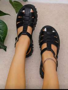 Damen schwarze Punk-Stil Keilsandalen mit Schnalle, einfarbig, mit Riemendetails, Frühling/Sommer Outfit - Schwarz - Übersicht 5
