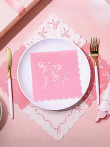 20pcs Pink Ribbon Pattern Napkins, Suitable For Baby Shower, Cute 4-Grid Design, Baby Shower Table Decor, Suitable For Baby Party Tableware, Disposable Bow Print Napkins, Pink And White Napkins - Multicolor - View 1