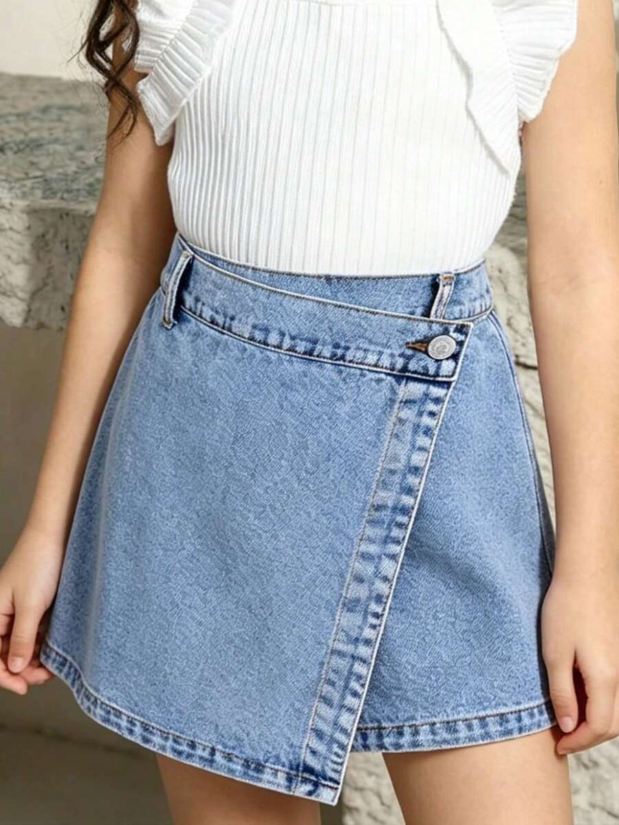 Váy ngắn denim kiểu Y2K eo bất đối xứng, thích hợp cho bé gái tuổi teen mùa hè. - Màu xanh lam - Xem 1