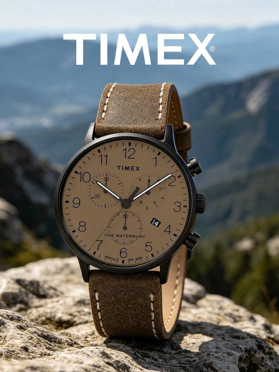 Timex Men's Vintage Chronograph Watch Beige Dial Triple Subdial Date Quartz Watches Suede Leather Strap Hiking Camping Outdoor Adventure Boyfriend Gift - 棕色 - 查看 1