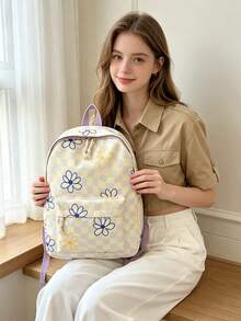 3-Piece Back To School Backpack Set - Checkerboard/Floral Pattern Large Capacity Backpack + Lunch Bag + Pencil Case Multi-Piece Set, With Laptop Compartment, Bow Pattern, Durable Nylon Backpack, With Adjustable Shoulder Straps And Spacious Multi-Pockets - Lightweight Portable Zipper Bag, Suitable For Students/Teens/Graduates, Perfect For Outdoor/Travel/Middle School/High School/College, Essential College Backpack - Purple - View 7
