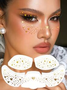 6 Sheets Gold Heart Freckles Face Tattoos Glitter Eyeshadow & Eyeliner Tattoo Stickers For Wedding Beach Concert Summer Rave Accessories - Gold - View 9