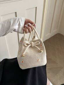 1個迷你花卉刺繡抽繩細節度假草編錢包，草編沙灘包，海灘必需品，海灘用品，沙灘包與夏季必需品 - 米色 - 查看 4