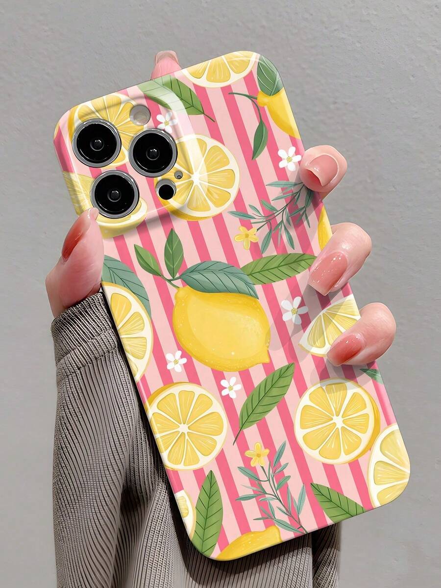 1 funda de teléfono a la moda, no incluye cordón ni soporte. Funda rígida para teléfono con diseño clásico de rayas, hojas y flores de limón, estilo Ins, con acabado brillante perforado, adecuada para 11/12/13/14/15/16 Pro. - Multicolor 4 - Ver 1