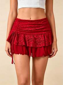 Womens Mini Skirt Lace Floral Tiered Ruffle Low Waist Side Drawstring Going Out Cake Skirts - 紅色 - 查看 1