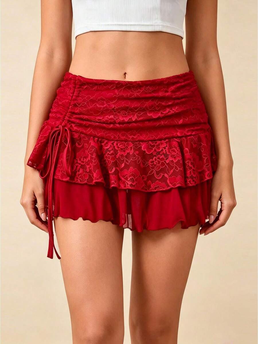 Womens Mini Skirt Lace Floral Tiered Ruffle Low Waist Side Drawstring Going Out Cake Skirts - 紅色 - 查看 1