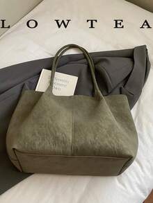 Low Tea 2pcs Solid Color PU Fabric Tote Bag Women's Vintage Fashion Shoulder Tote Bag Top Double Handle Design Snap Closure Suitable For Travel, Shopping, Dating, Women's Gift, Perfect For Commuting, Outdoor, Travel, Outing (With Pendant) - Green - View 8