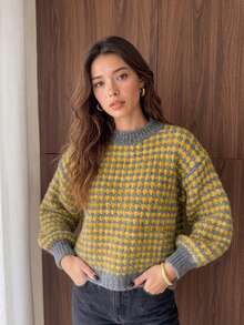 Women Geo‑Jacquard Crew Neck Sweater, Drop‑Shoulder Long Sleeve Oversized Loose Knit Pullover, Casual Fall Daily Top Fall Outfits - Multicolor - View 5