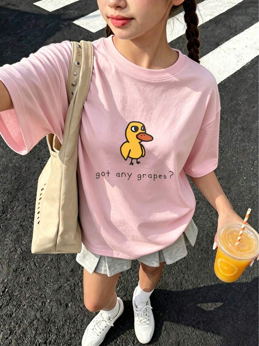 Tween女孩卡通印花T恤,適合女孩日常穿著,女孩春/夏休閒百搭上衣 - 粉色 - 查看 1