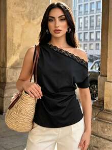 Camisa de mujer con volantes de encaje de contraste en la cintura, versátil para uso diario, negra de verano - Negro - Ver 4