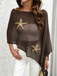 Top de punto con diseño asimétrico estilo capa, estampado de estrella de mar, estilo vacacional, talla grande, verano - Marrón - Ver 7
