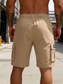 Men's Casual Solid Color Cargo Shorts, Summer Men's Sports Shorts, Drawstring Waist, Large Capacity Pockets, Suitable For Daily Outings, Casual Sports And Multiple Occasions - Khaki - View 4