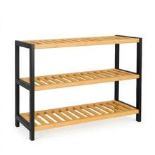 69x24x53,2cm Holz 3-stufiges Lamellen Schuhregal Organizer, Bambus Eingangsbereich Aufbewahrungsregal - Rotbraun - Übersicht 7