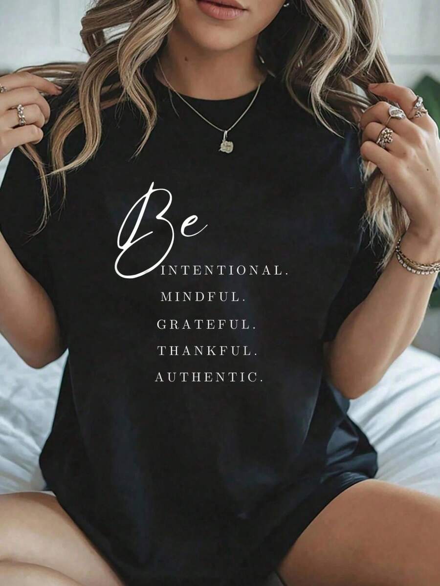 Sé Intencional, Consciente, Agradecido, Reconocido, Auténtico... Camiseta - Camisetas Gráficas 100% Aodón para Mujer, Ropa de Verano