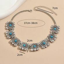 1 pieza Collar corto de mujer con incrustación de turquesa falsa cuadrada de estilo bohemio vintage, adecuado para uso casual y diario - Plata antigua - Ver 5