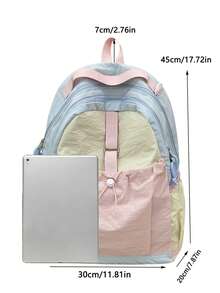 Dopamine Color-Block Water-Resistant Large Capacity Ultra-Light Backpack, Outdoor Casual Drawstring Design Multi-Pocket Functional Backpack, Student Commuter Travel Backpack, Suitable For School, Tutoring, Work, Commuting, Shopping, Travel, Back To School Season - Multicolor - View 9