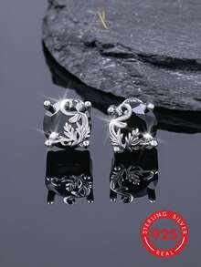 1 pieza Pendientes de botón de mujer de diseño único y minimalista premium en plata de ley 925 con circonita, forma geométrica redonda de alga marina, adecuados para vacaciones, banquetes, uso diario, ir al trabajo, estilo exquisito perfecto para regalo de cumpleaños y aniversario - Plateado - Ver 2