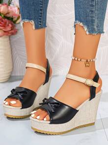 Sandalias de plataforma con cuña y hebilla de unicolor estilo retro para mujer de talla grande - Negro - Ver 2