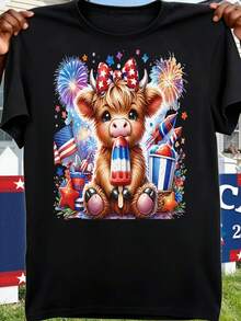 [Diseño Genial] Camisetas Divertidas para Hombre, Tallas Grandes, Diseño de Camiseta con Estampado de Vaca Highland, Fuegos Artificiales y Helado para el 4 de Julio, Estilo Urbano de Moda, C - negro - Ver 1