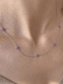 1pc New Fashion Silver Purple Zirconia Floral Chain Necklace Jewelry - Silver-purple Diamond - View 1