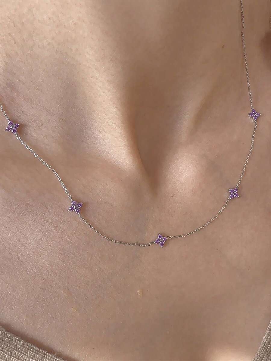 1pc New Fashion Silver Purple Zirconia Floral Chain Necklace Jewelry - Silver-purple Diamond - View 1