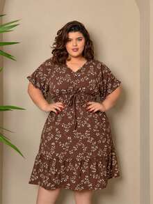 Batwing Dress Plus Size Midi Short Sleeve Duna Fabric Size U/G1 (Fits Sizes 44 To 50) With Front Buttons Elegant Simple Casual Fashion Ruffled Hem Buttons At The Front - 棕色背景花朵 - 查看 1