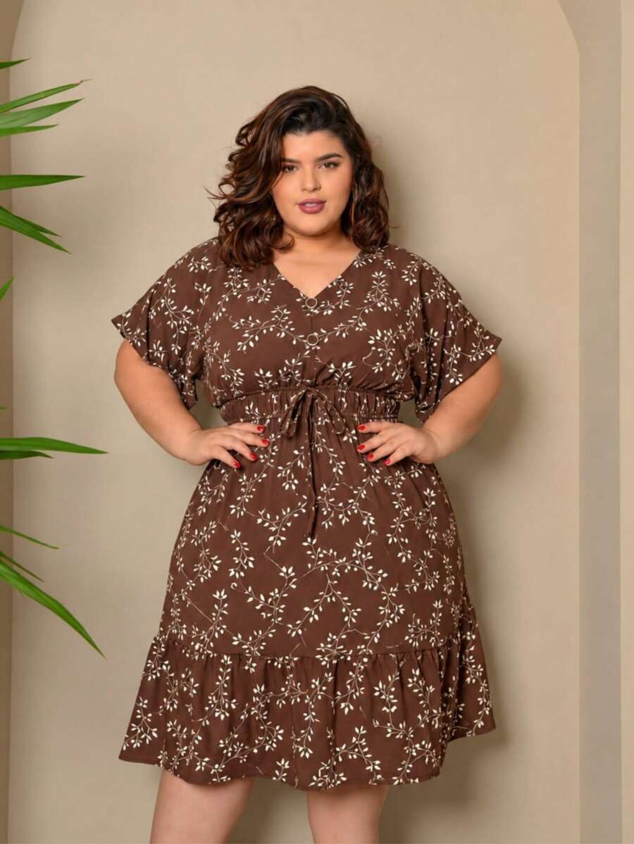 Batwing Dress Plus Size Midi Short Sleeve Duna Fabric Size U/G1 (Fits Sizes 44 To 50) With Front Buttons Elegant Simple Casual Fashion Ruffled Hem Buttons At The Front - 棕色背景花朵 - 查看 1